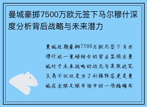 曼城豪掷7500万欧元签下马尔穆什深度分析背后战略与未来潜力