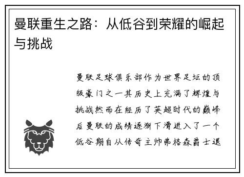 曼联重生之路：从低谷到荣耀的崛起与挑战