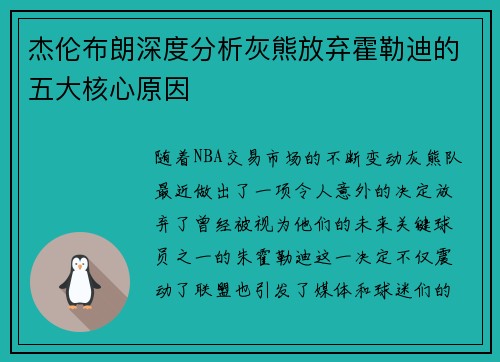 杰伦布朗深度分析灰熊放弃霍勒迪的五大核心原因