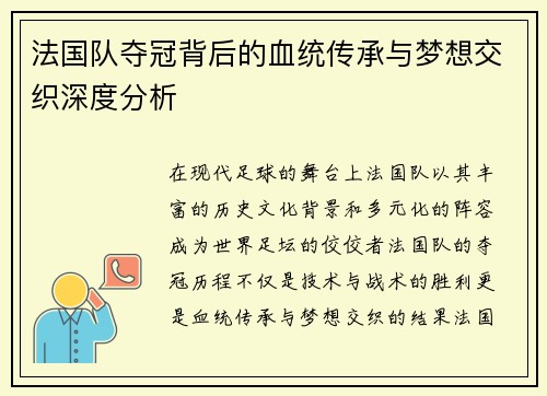 法国队夺冠背后的血统传承与梦想交织深度分析 法国队夺冠背后的血统传承与梦想交织深度分析