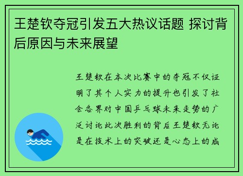 王楚钦夺冠引发五大热议话题 探讨背后原因与未来展望